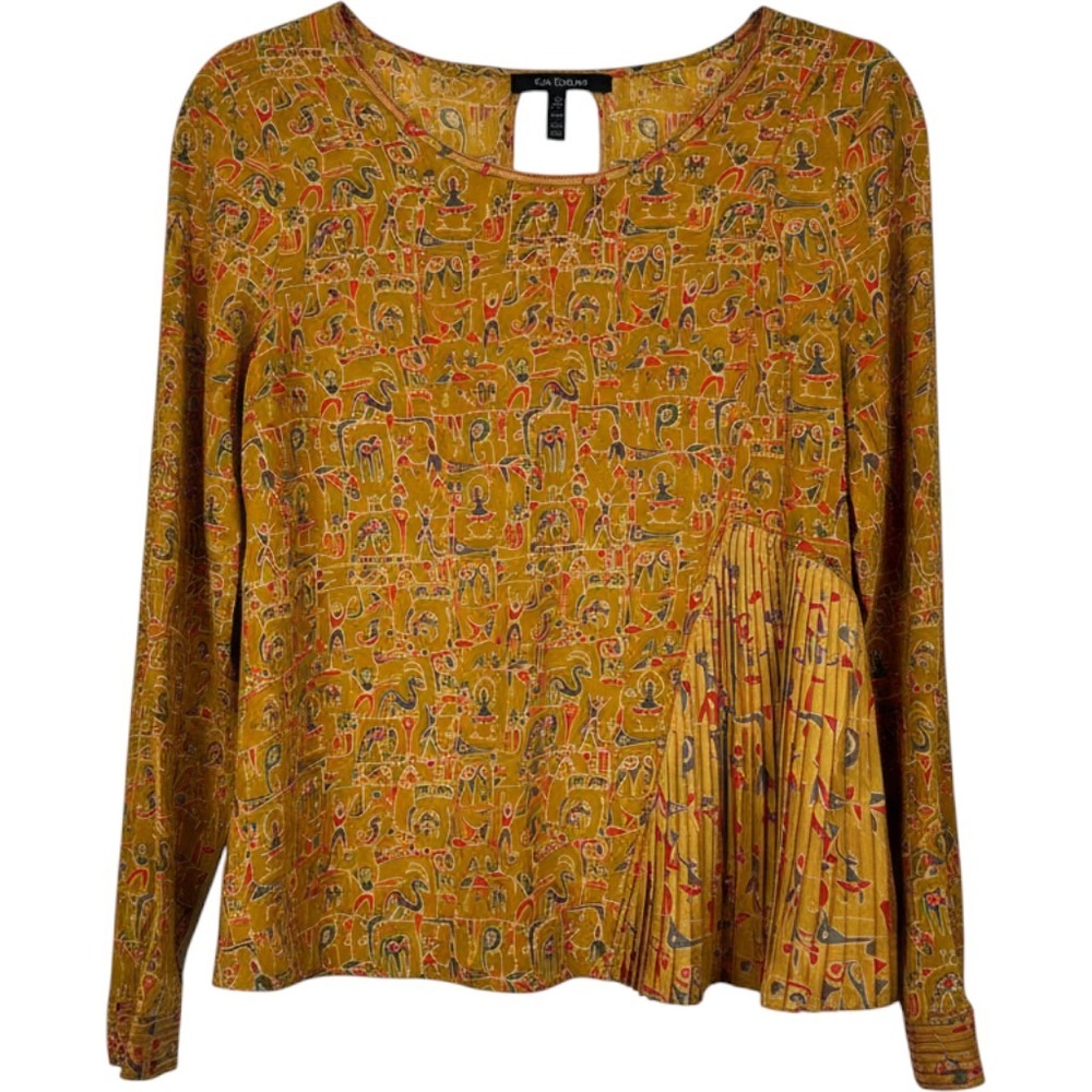 Cotélac Pleated Accent Novelty Print Blouse Womens 1 Mustard Yellow Long Sleeve